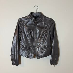 White House Black Market Metallic Moto Jacket Silver Gunmetal Cropped Edgy 4P